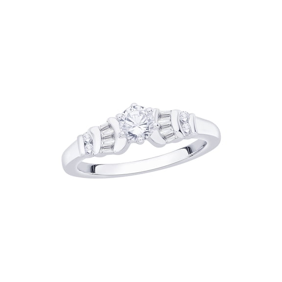 KATARINA Round and Baguette Cut Diamond Engagement Ring in Sterling Silver (3/4 cttw, I-J, I1-I2) (Size-6)