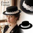 thumbnail image 3 of Vintage Halloween Style Flat Top Wide Brim Hat With Elegant Lace Trim, Soft Felt Fashion Hat, Chic Headwear Accessory For Dinner Party, Photoshoot, Holiday Gathering And Formal Occasions Black, 3 of 8