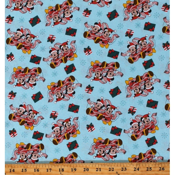 Mickey and Minnie Mouse Presents Gifts Christmas Holiday Disney Blue Cotton Fabric Print by the Yard
