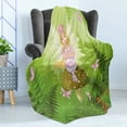 thumbnail image 4 of Cartoon Soft Flannel Fleece Blanket, Magic Fairy Girl with Floral Hairstyle in Green Forest Pink Butterflies, Cozy Plush for Indoor and Outdoor Use, 50" x 70", Green Pale Pink Brown, by Ambesonne, 4 of 5
