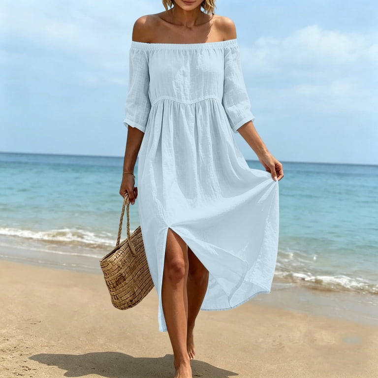 off shoulder midi dress casual Kojanyu Women's Off Shoulder Midi Dresses Cotton 2026 Casual Summer Dress with Side Split 3/4 Sleeve Beach Swing Sundress, Size: 2XL, Blue