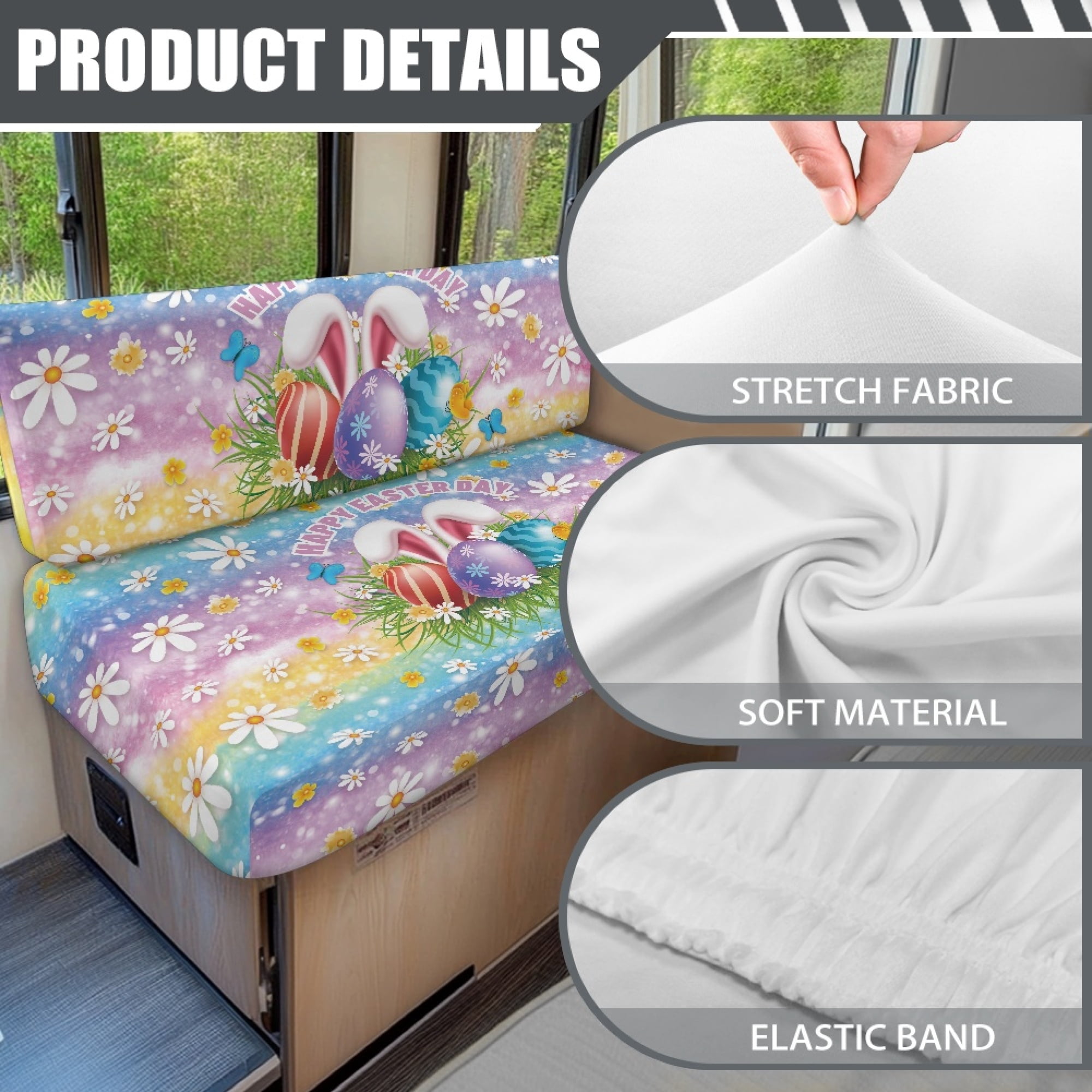 Yuyamidu Easter Egg RV Dinette Cushion Covers Booth Set Rabbit RV Cushion Slipcover 1 Bench Cover 1 Backrest Cover Stretch Camper Cushion Covers RV Couch Cover