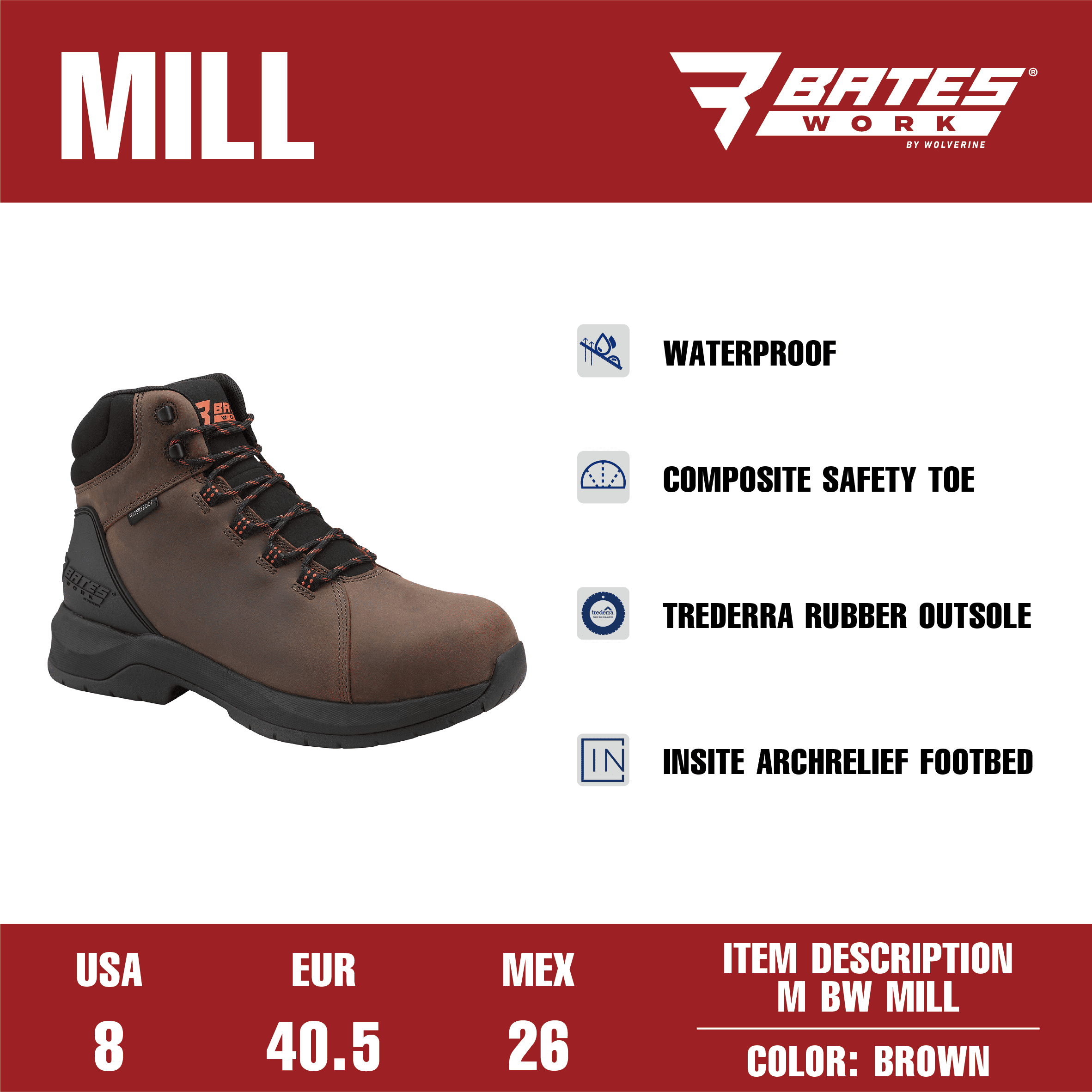Bates Work by Wolverine Men's Mill Waterproof Comp Toe Work Boot