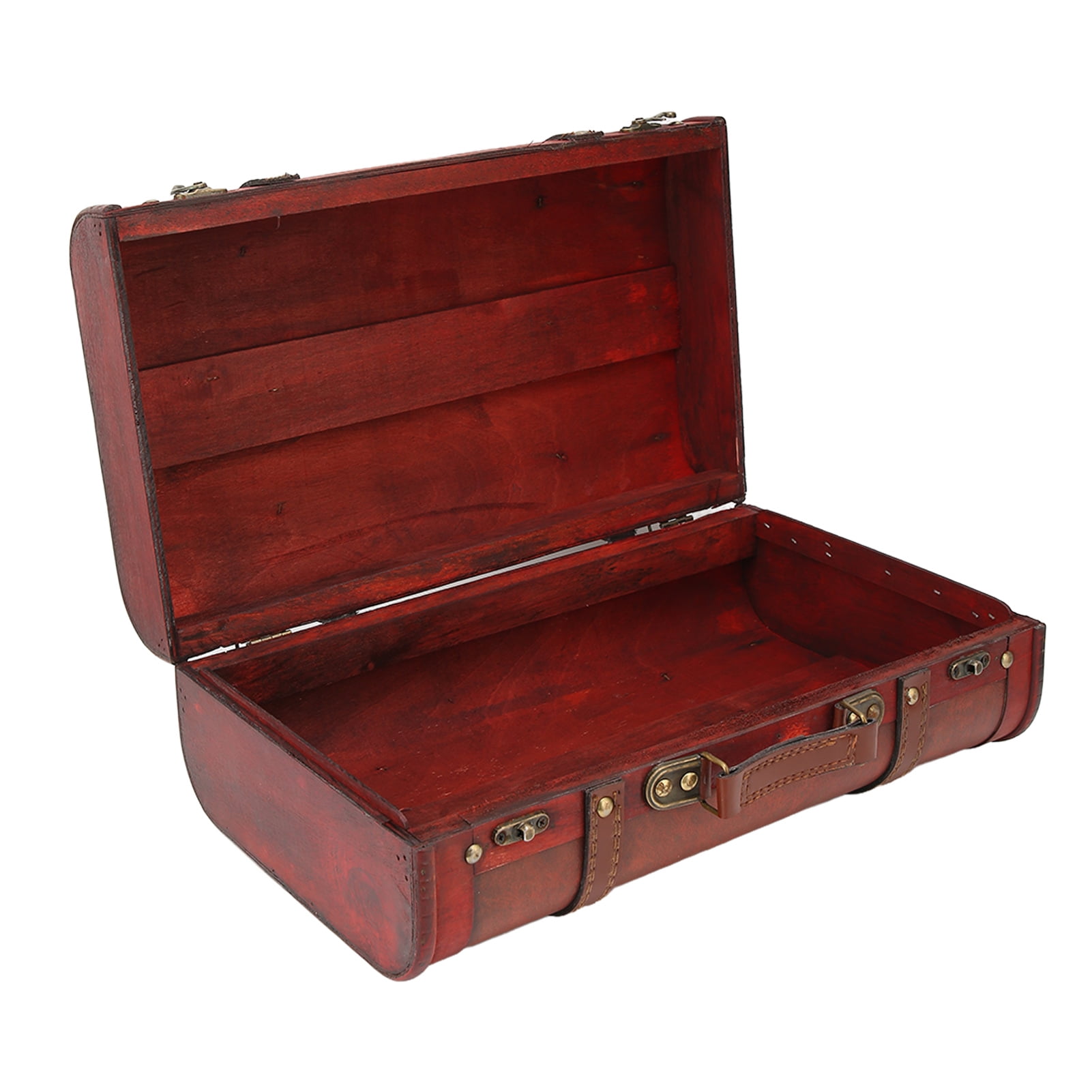 Retro Wooden Treasure Storage Chest Vintage Faux Leather Suitcase Gift Box for Decorative Home Jewelry Organizer Red, 14.76 x 9.25 x 5.31 inches / 37.5 x 23.5 x 13.5 cm