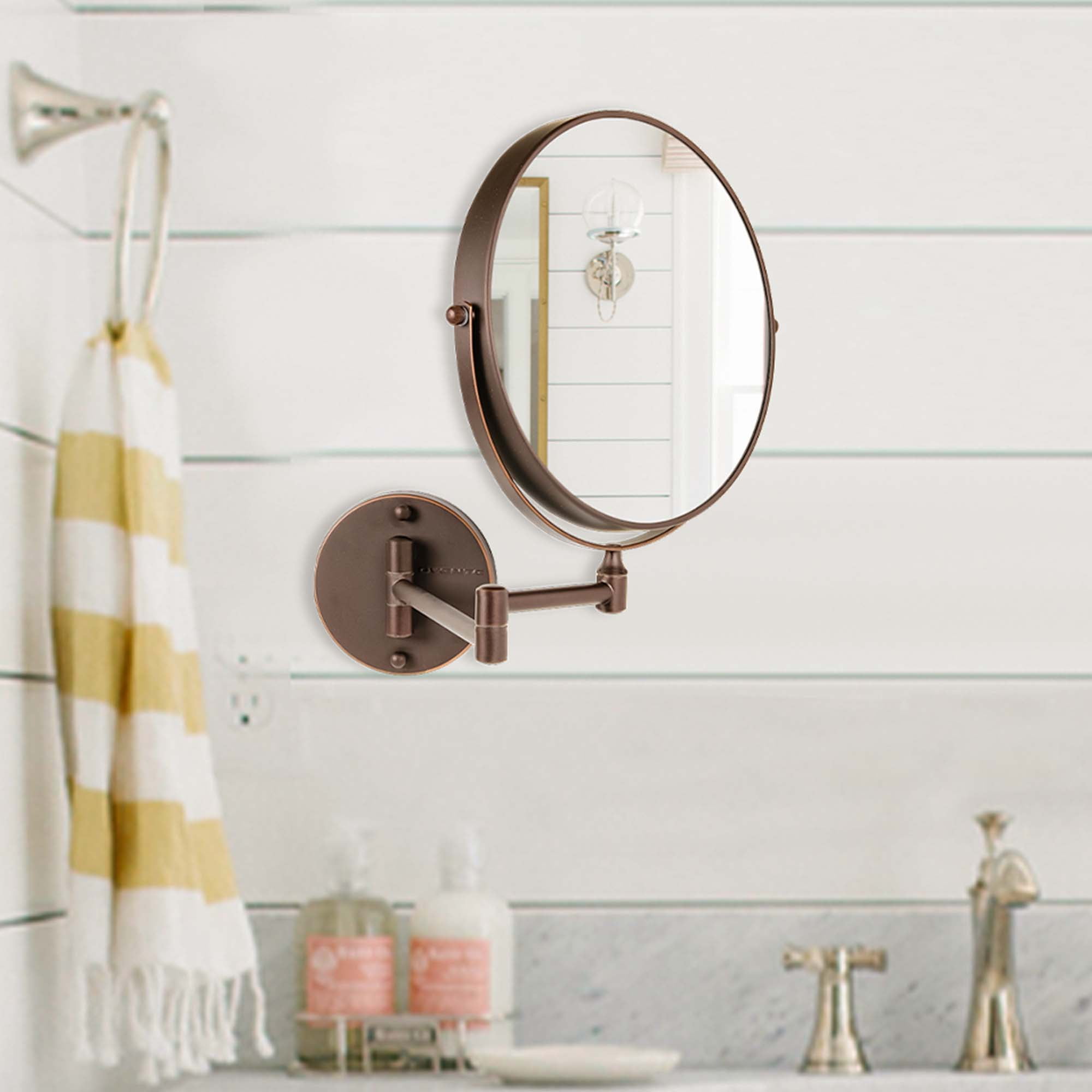 OVENTE 9" Wall Mount Makeup Mirror - Two-Sided with Adjustable Magnification and Folding Arm MNLFW90ABZ1X7X