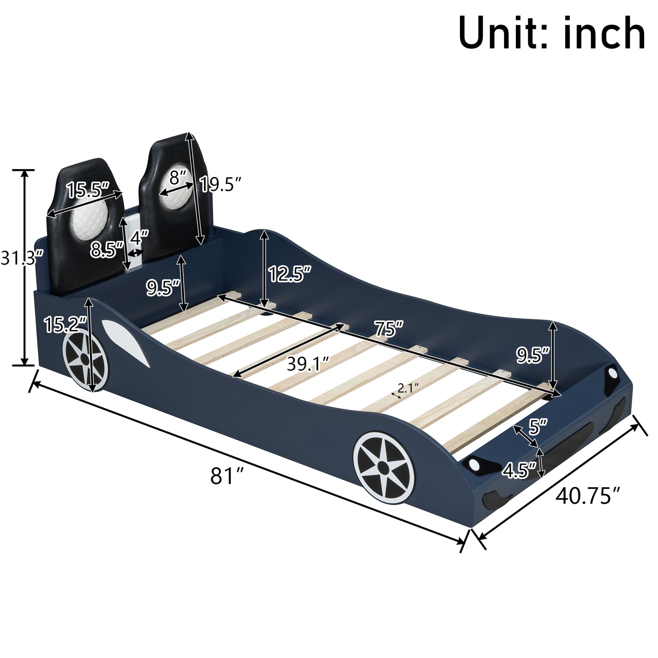 Noble House Linlyn Twin Size Wood Race Car Platform Bed with LED Lights and Upholstered Backrest, Blue
