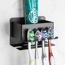 Linkidea Wall Mount Toothbrush Holder for Shower, 4 Slot Stainless Steel Adhesive Toothbrush and Toothpaste Hanger, Organizer Compatible with Colgate Extra Clean, Oral-B CrossAction(Black)