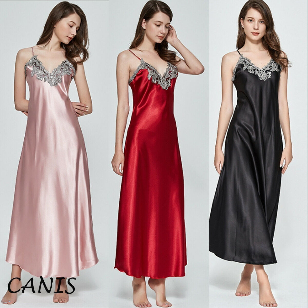 Women Summer V-neck Satin Silk Lace Night Dress Sexy Nightgown Long ...