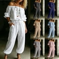 thumbnail image 4 of BESEW7 Off Shoulder Jumpsuits for Women, Summer Casual Loose Rompers with Pockets Roll Up Sleeve Elastic Waist for Daily Beach Vacation Pink S, 4 of 7
