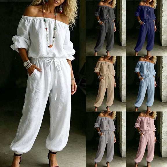 BESEW7 Off Shoulder Jumpsuits for Women, Summer Casual Loose Rompers with Pockets Roll Up Sleeve Elastic Waist for Daily Beach Vacation White S