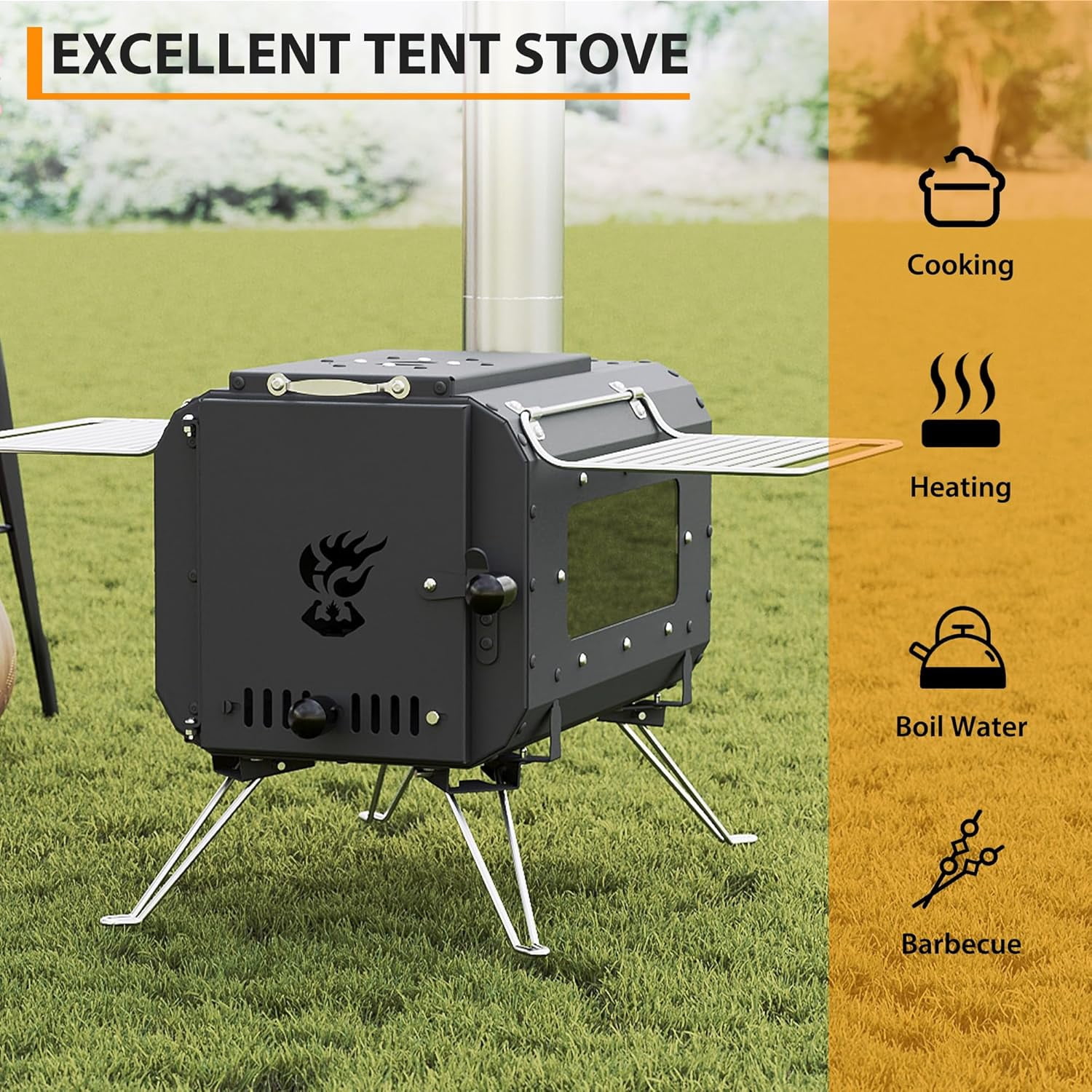 Riedhoff Wood Burning Camping Stove 17.91 x 11.62 x 13.11",  6 Chimney Pipes & Glass Window, Black