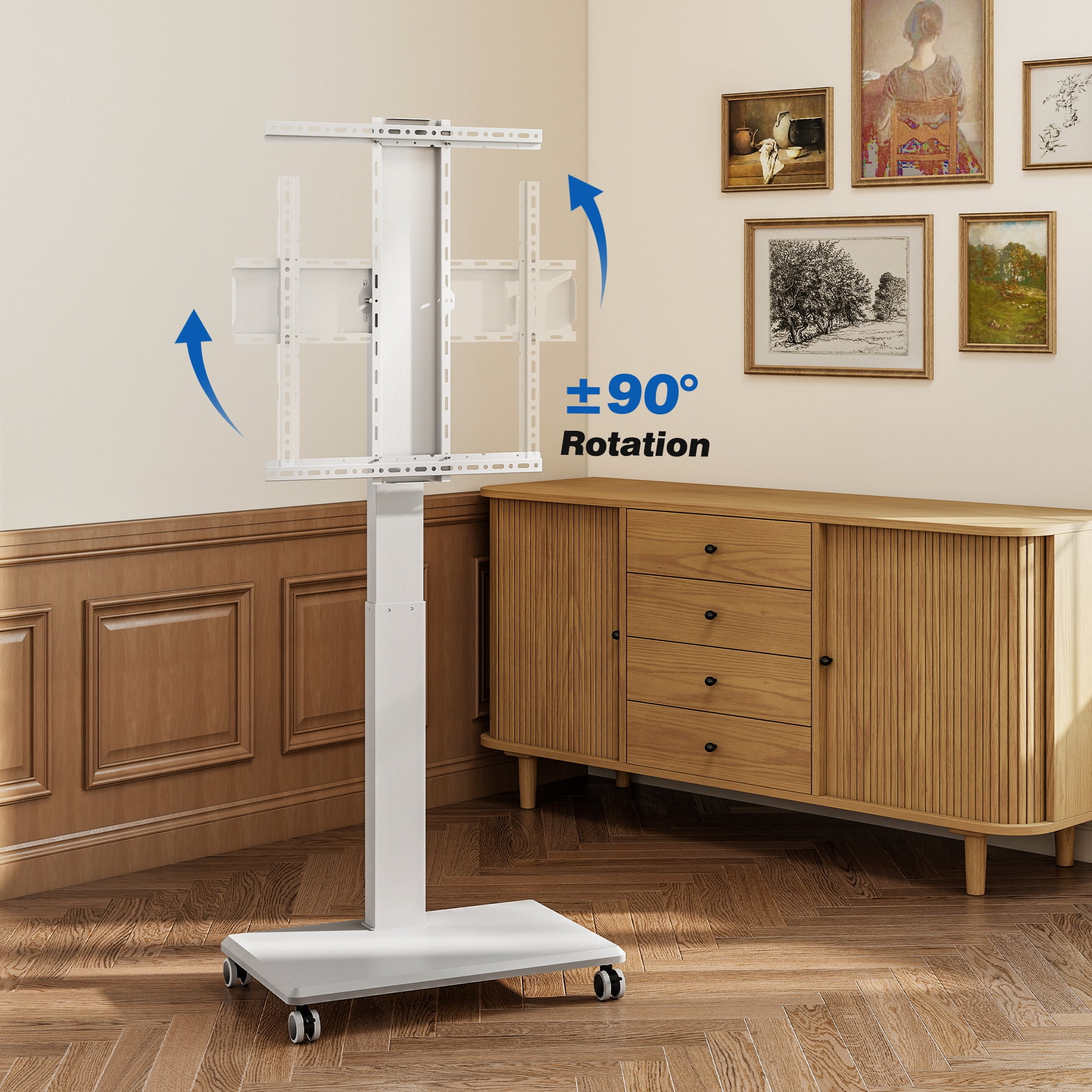 RTVR Mobile TV Cart Stand with Hand Crank Lift for 42-75 inch Screens, ±90° Rotation and ±5° Tilt Height Adjustable Swivel TV Stand with Wheels, White