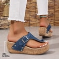 thumbnail image 4 of Rokment Womens Denim Cork Footbed Platform Flip Flops Trendy Casual Leather Buckles Wedge Slip on Thong Dress Backless Sandals Comfortable Walking Slippers Navy Size 6.5, 4 of 6