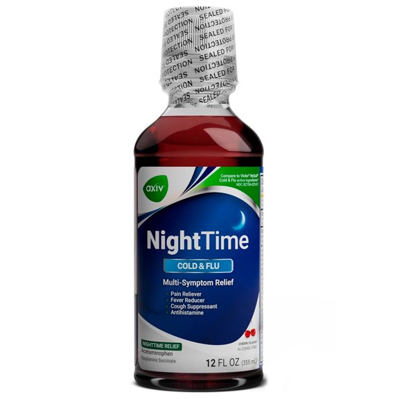 AXIV NightTime Cold & Flu Relief Liquid, Cherry, 12 fl Oz