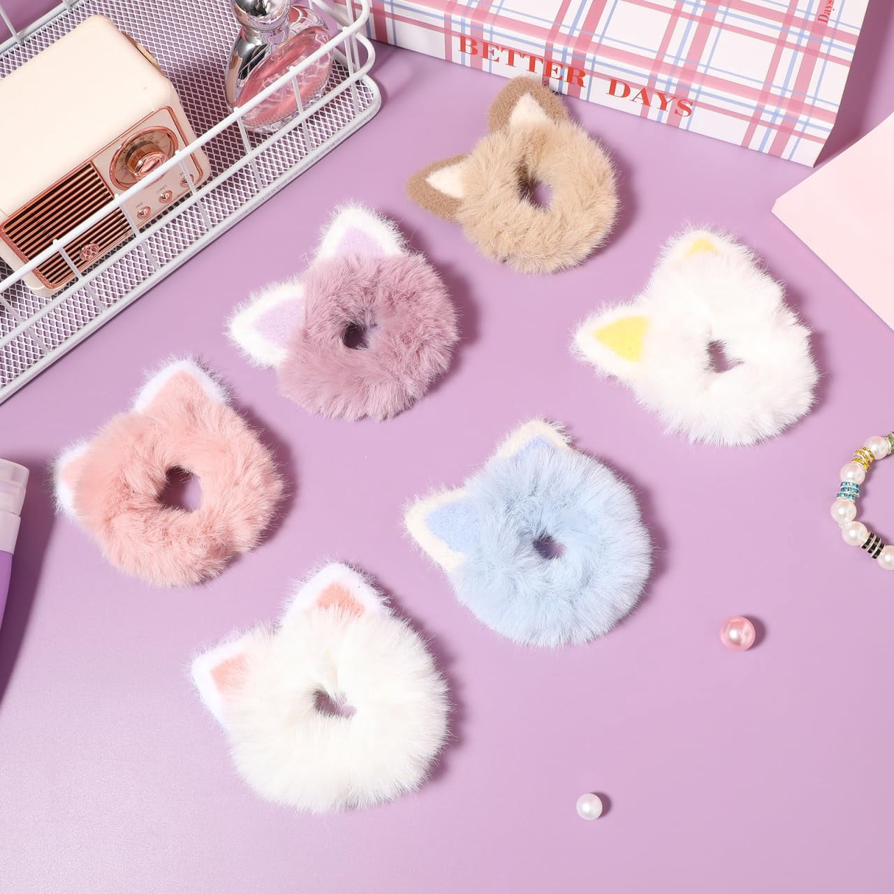 ABCISI 6pcs Cat Ear Hair Scrunchies - Fluffy Hair Ties for Girls, Cute Kawaii Elastic Ponytail Holders for Daily and Party Use, Hair Bands Elastic Plush Furry Hair Accessory, Mixed Color