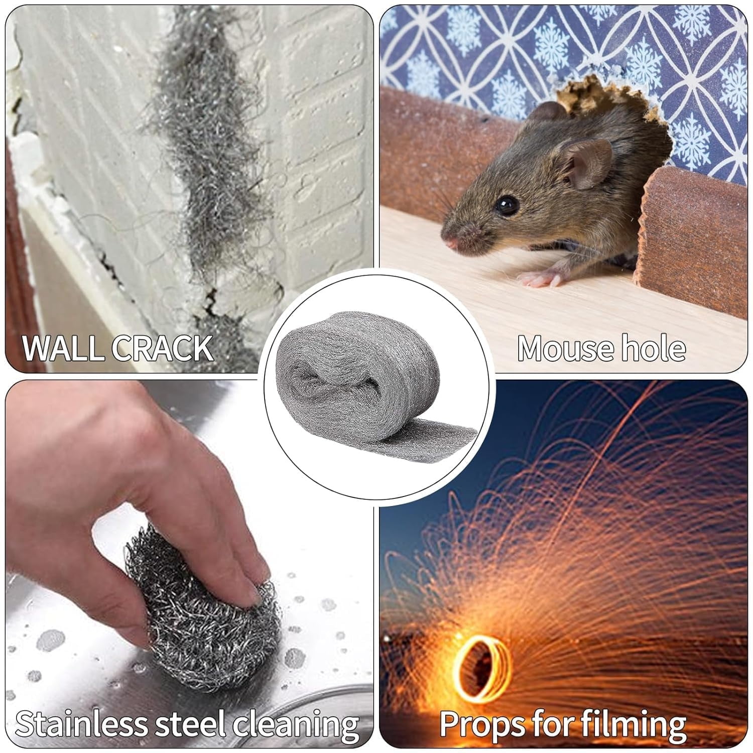 4 Pack Hole Filler for Mice Control,3"x13 Ft Steel Wool Mice Control,Wire Mesh Roll Hole Filler,Rodent Control Fill Fabric for Holes,Wall Cracks,Pipeline
