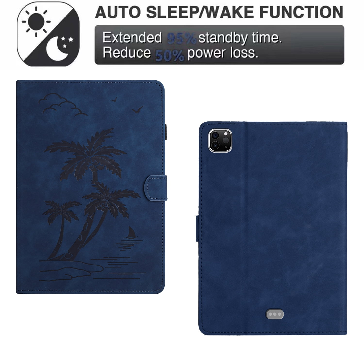 Allytechgroup iPad Air 11 Case 2024, Embossed Coconut Tree Pattern Cover, Auto Sleep Wake Function with Flip Cover Stand and Pencil Holder Case for Apple iPad Air 11 Inch 2024 Tablet,Blue