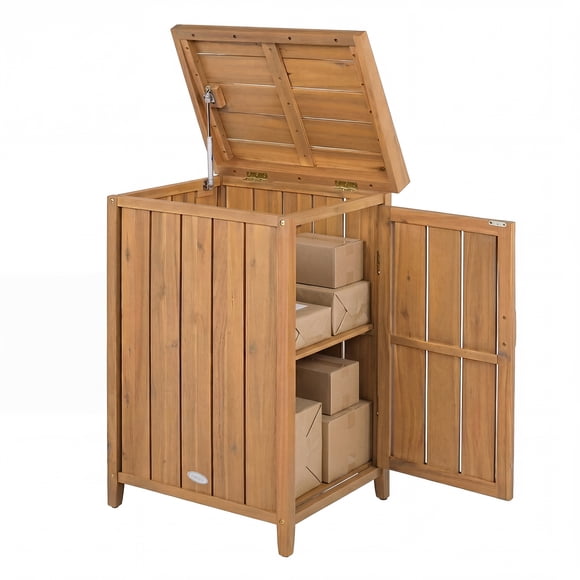Gymax Wood Package Delivery Box w/Openable Lid Removable Shelf Side Door Gas Rod