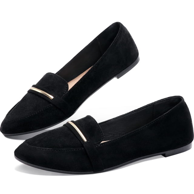Mocasines Shoes Obtaom con punta puntiaguda para mujer, planos, negros, de gamuza sintética
