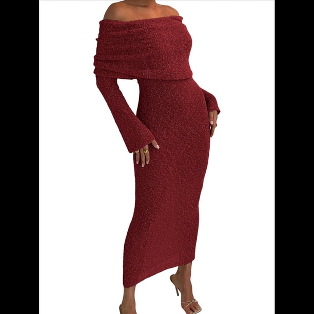 Vestido Ajustado Tipo Suéter con Hombros Descubiertos para Mujer, Elegante, de Larga, para Fiesta en Club, Midi y Formal. Rojo Vino L