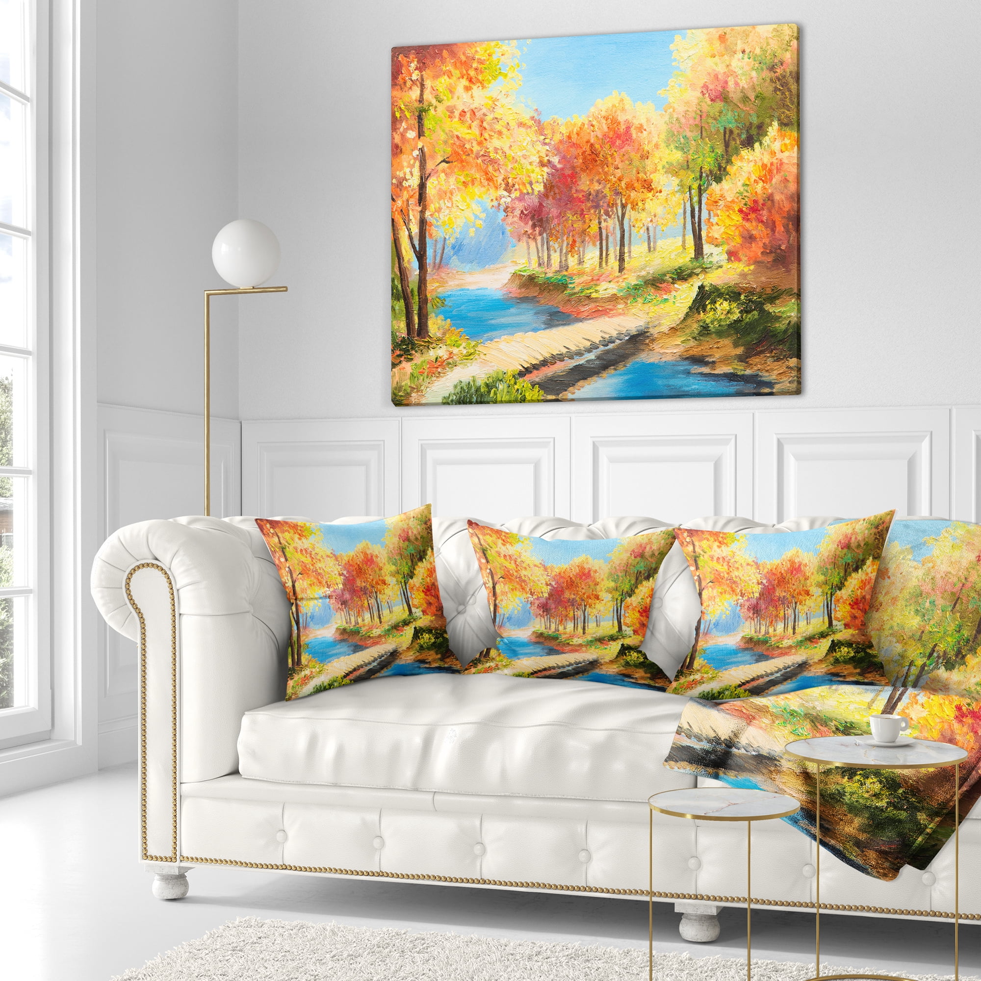 Designart Wooden Bridge in Colorful Forest - Landscape Printed Throw Pillow - 18x18