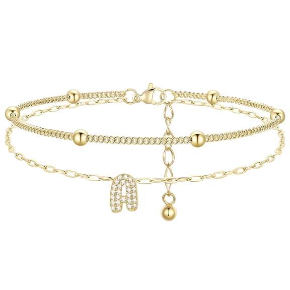 FindChic Initial Anklets for Women, 14K Gold Plated Layered Beaded Ankle Bracelet with Cubic Zirconia Alphabet A Adjustable Waterproof Summer Foot Jewelry for Birthday Mothers Day Gifts