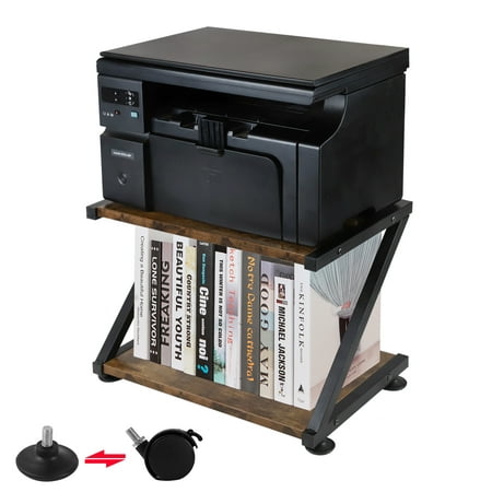 Voilamart Under Desk Printer Stand with Wheels, 2-Tier Wood Printer Cart with Storage Shelf Home Office Desktop Scanner Fax Machine Files Storage Rack, Black+Brown