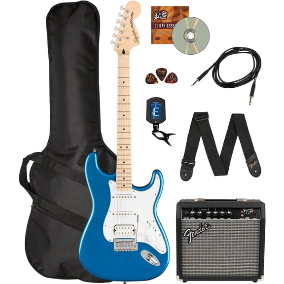 Fender Squier Affinity Stratocaster HSS - Lake Placid Blue Bundle with Frontman 15G Amplifier, Gig Bag, Tuner, Instrument Cable, Strap, Picks, and Austin Bazaar Instructional DVD