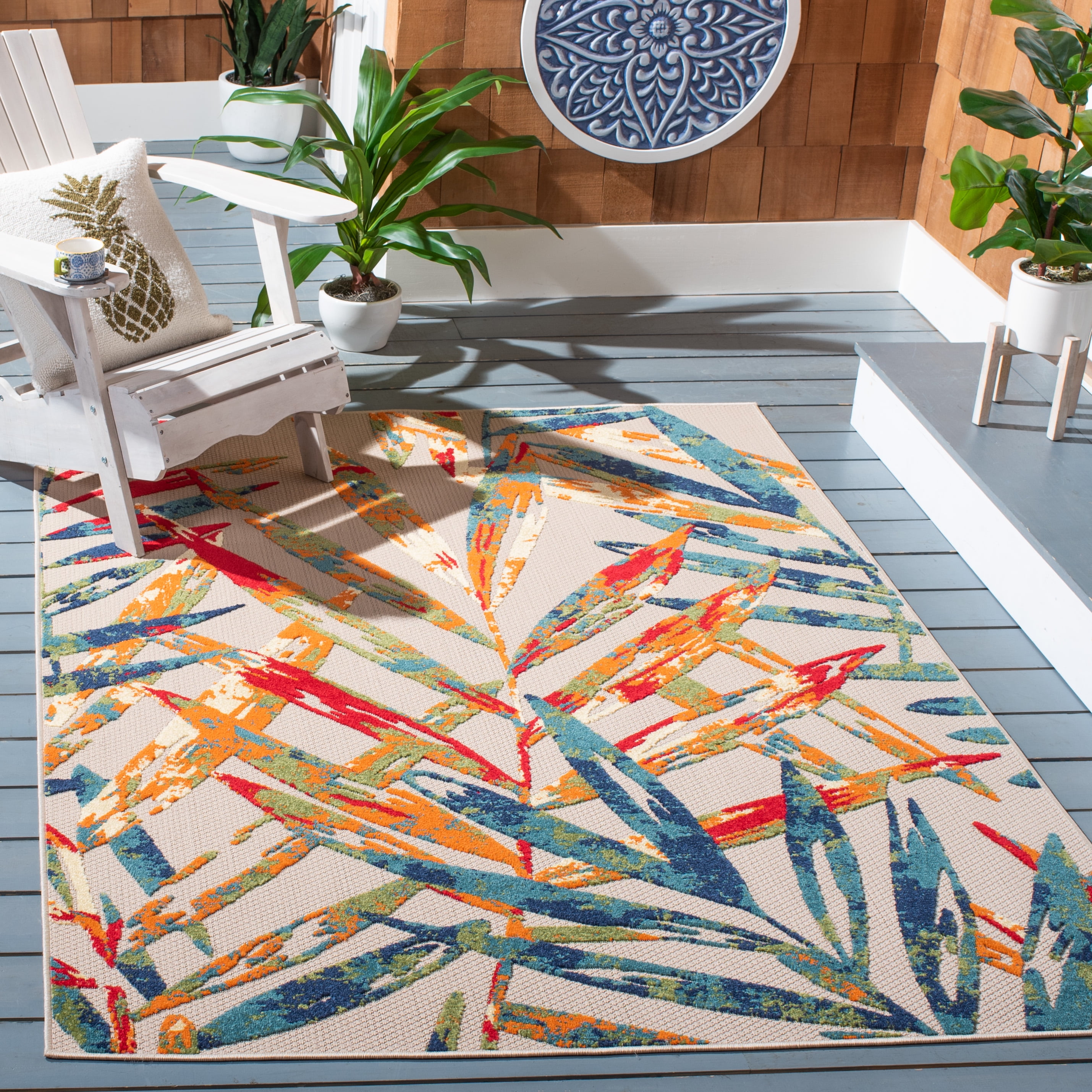 SAFAVIEH Cabana Jacinth Botanical Indoor/Outdoor Area Rug, Ivory/Navy, 3' x 5'