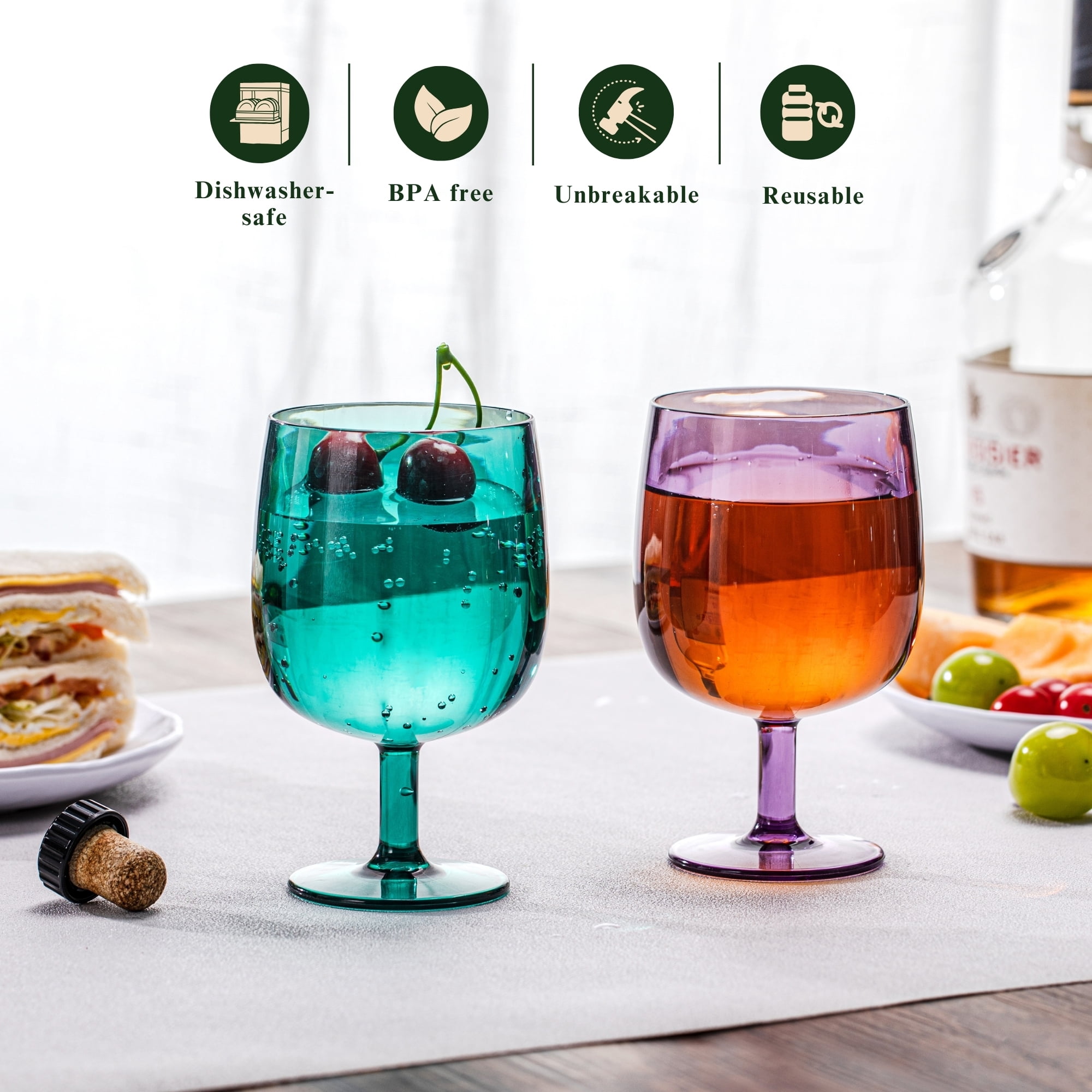 MIYOPESI 12oz Colorful Stemmed Wines Cups (Set of 8), Shatter-Proof Acrylic Bar Glasses, BPA-Free, Dishwasher-Safe
