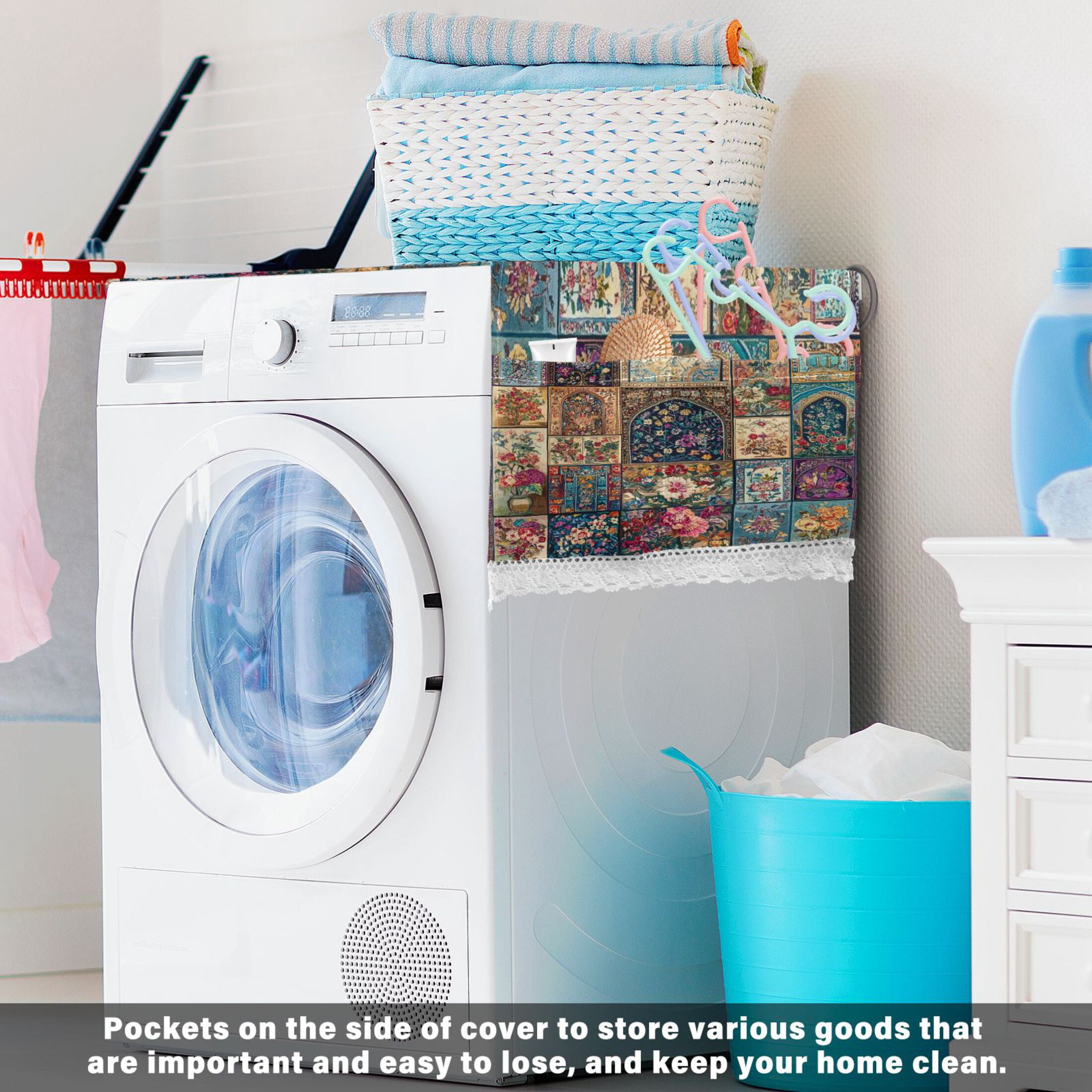 Different Cultural StylesWasher and Dryer Covers Dust-Proof and Oil Resistant Fridge Cover with 4 Storage Pockets Washing Machine Top Cover for Laundry Kitchen Home 51.2 x 22 In