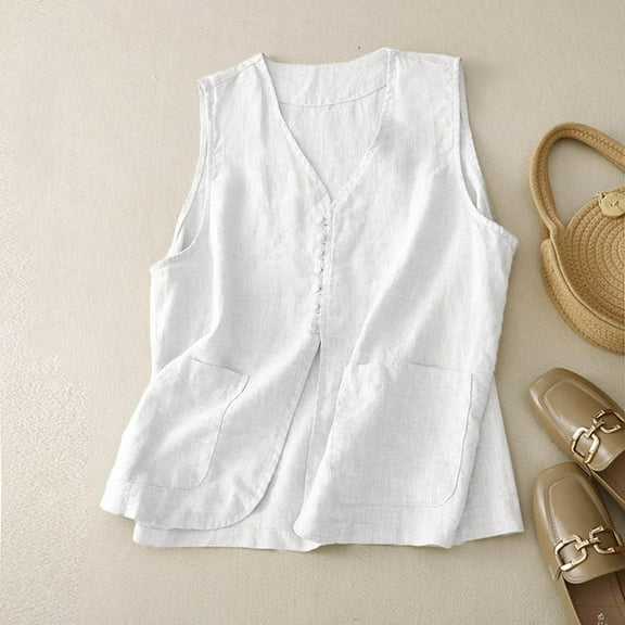 Womens Linen Vest Casual Loose V Neck Sleeveless Vests Jacke Denim Embroide Jacket Womens Christmas Vest Jackets Or Women Front Zip Vest Ladies Lightweight Jackets Outerwear Fashion Clothes for Women