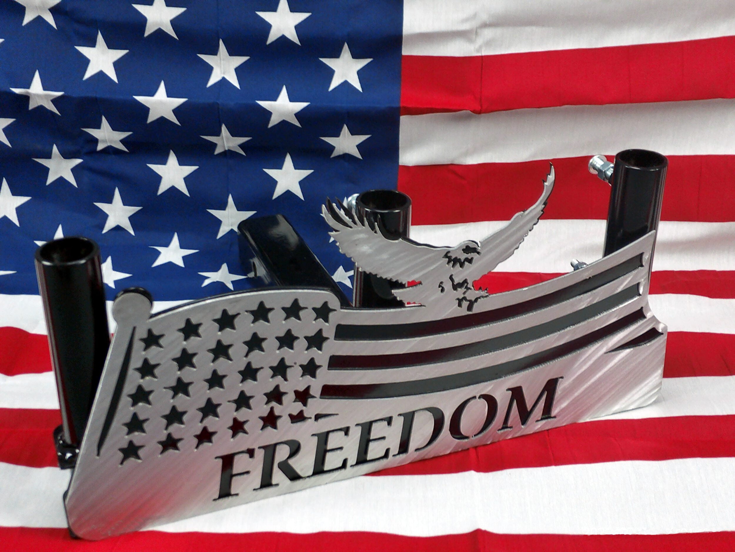 Hitch Mounted Flagpole Holder Three Place, American Flag with Eagle