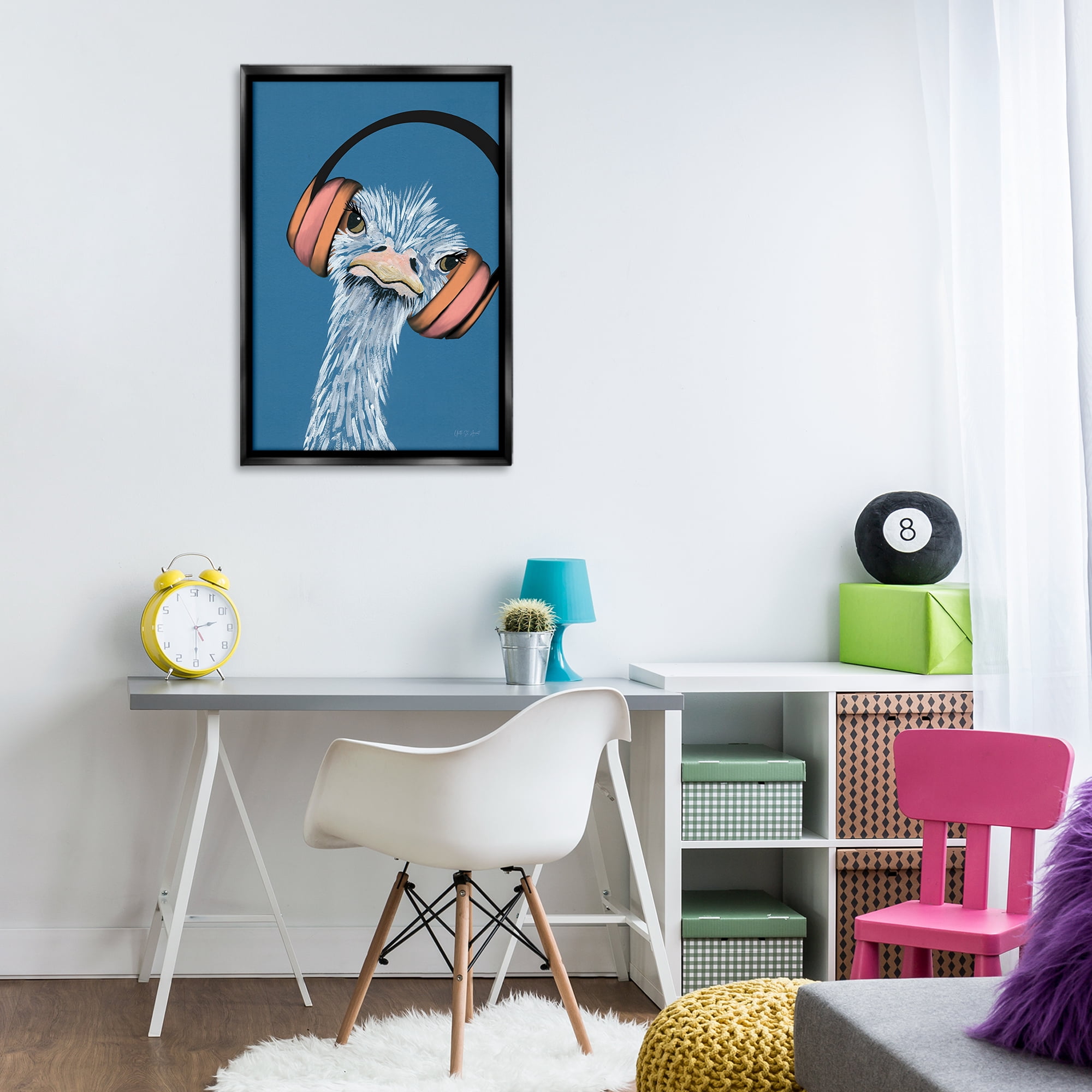 Stupell Industries Ostrich with Headphones Animals & Insects Painting Black Floater Framed Art Print Wall Art, 21 x 31