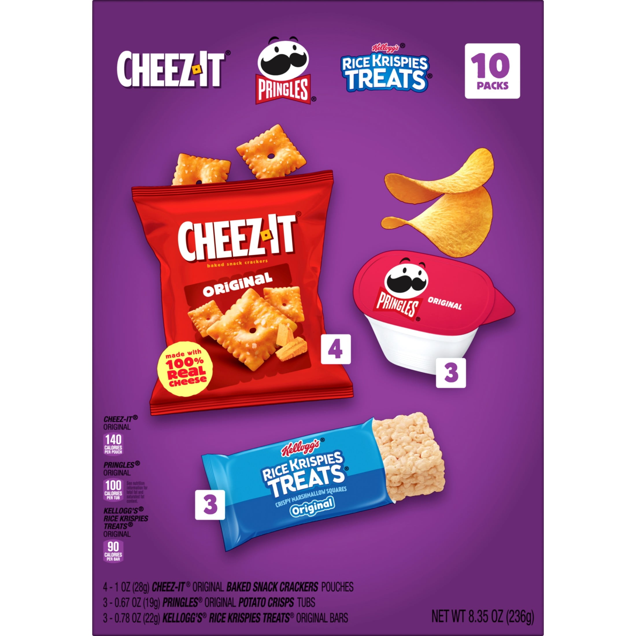 (4 pack) Rice Krispies Treats, Cheez-It, Pringles Sweet and Salty Variety Pack Snacks, Snack Packs, 10 Count