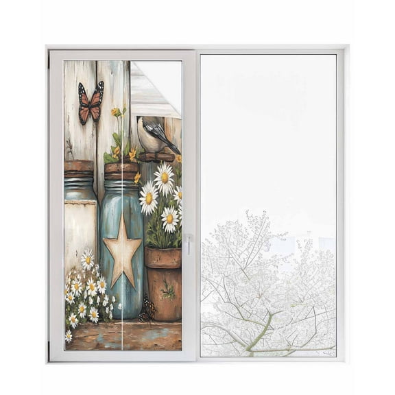 Window Privacy Film Country Flower Stained Glass Window Film Decorative Sun Block Window Cover Retro Western Texas Star Butterfly Bird Window Clings Static Adhesive Sticker for Bathroom 23.6"x59"