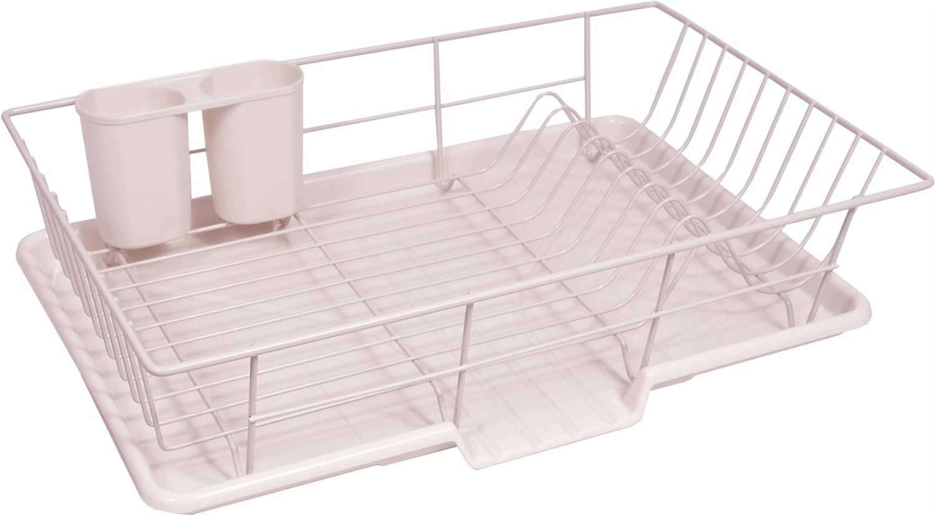 Metal, Plasic 3 Piece Dish Drainer Rack Set with Drying Board and Utensil Holder, 17" x 12" x 5", Beige