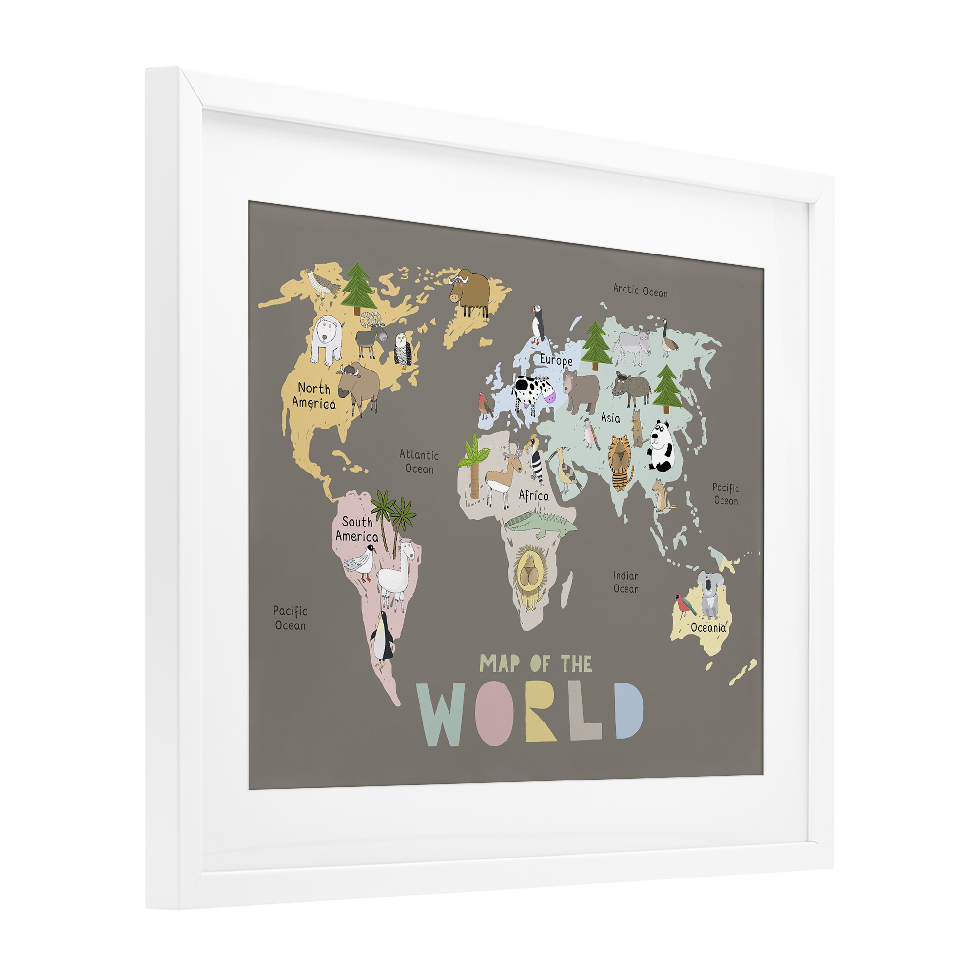 Kid's Map Of World Brown White Framed Print Under Glass, design by Carla Daly