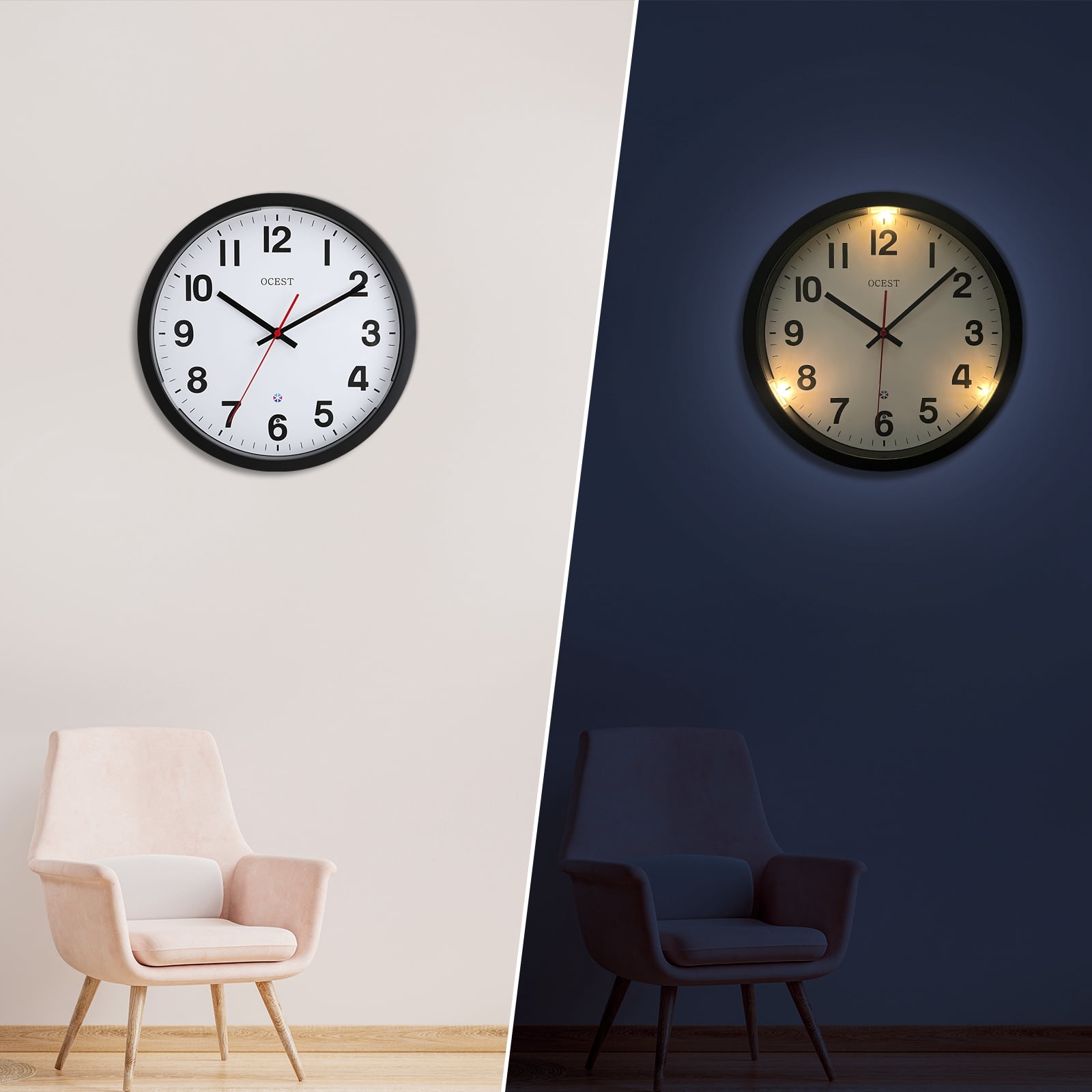eYotto 12 Inch Silent Glow Clock with Night Light, in the Dark Wall Clock, Lighted up Wall Clock for Bedroom, Large Display Clock for Living Room Kitchen