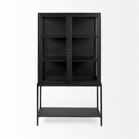 Pemberly Row Dark Brown Wood with Black Metal Base Display Cabinet