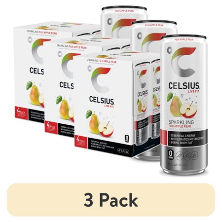 (3 pack) CELSIUS Sparkling Fuji Apple Pear, Functional Energy Drink 12 fl oz (Pack of 4)