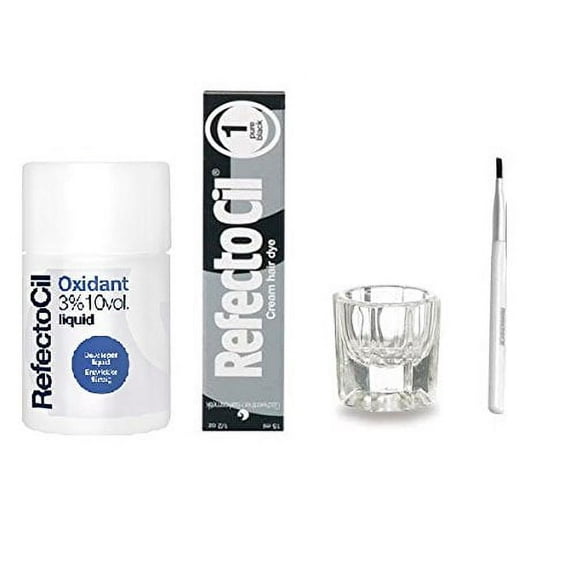 Refectocil Pure Black cream Hair Dye and Liquid Oxidant 3% 1.7 oz., color Kit with Mixing Brush and Dish