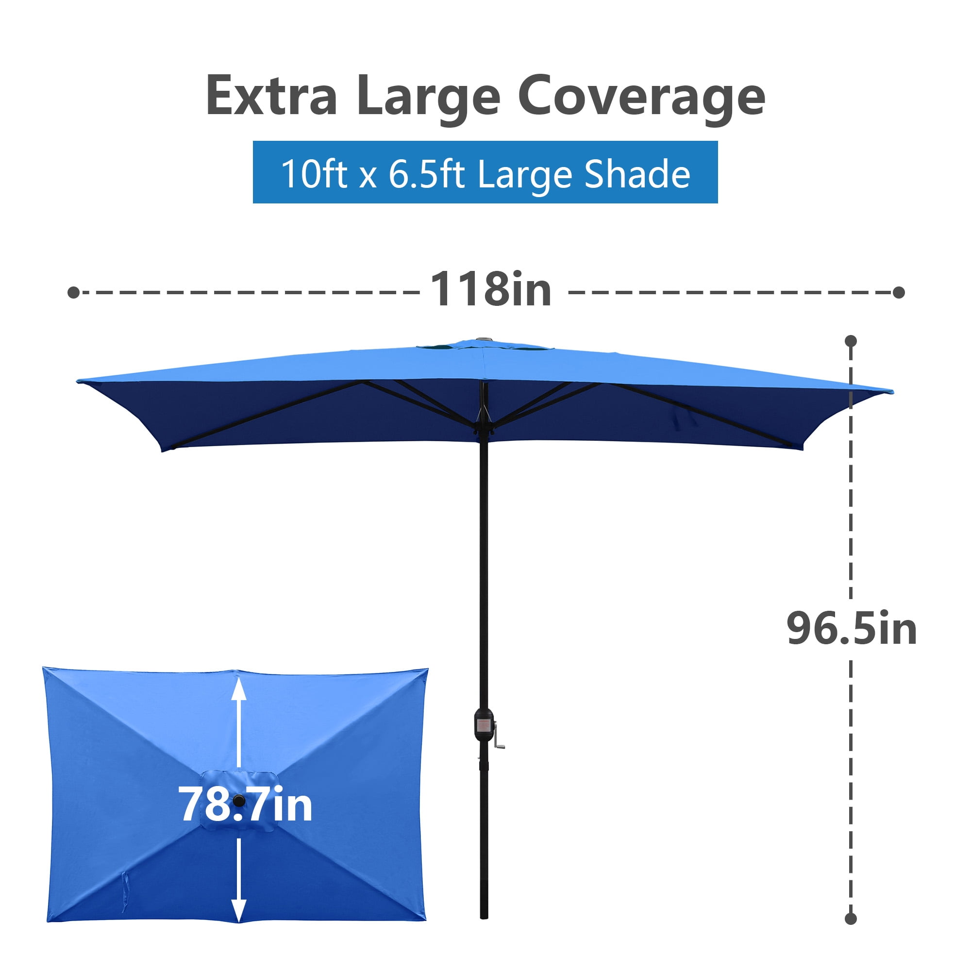 Abble 10x6.5ft Rectangular Patio Umbrella with Crank Handle, Outdoor Market Umbrella with 6 Sturdy Umbrella Ribs, Waterproof, Blue