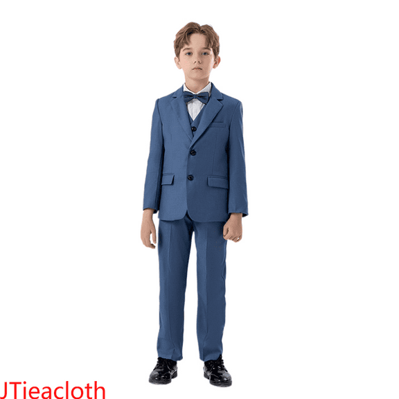 JTieacloth Short Sets for Boys Boys Business Suits Coat 4 Piece Outfit Tuxedo Set For Kids Formal Suit For Boys With Vest Pants Bowtie Set Slim,Sizes 3-4 Years(Blue)