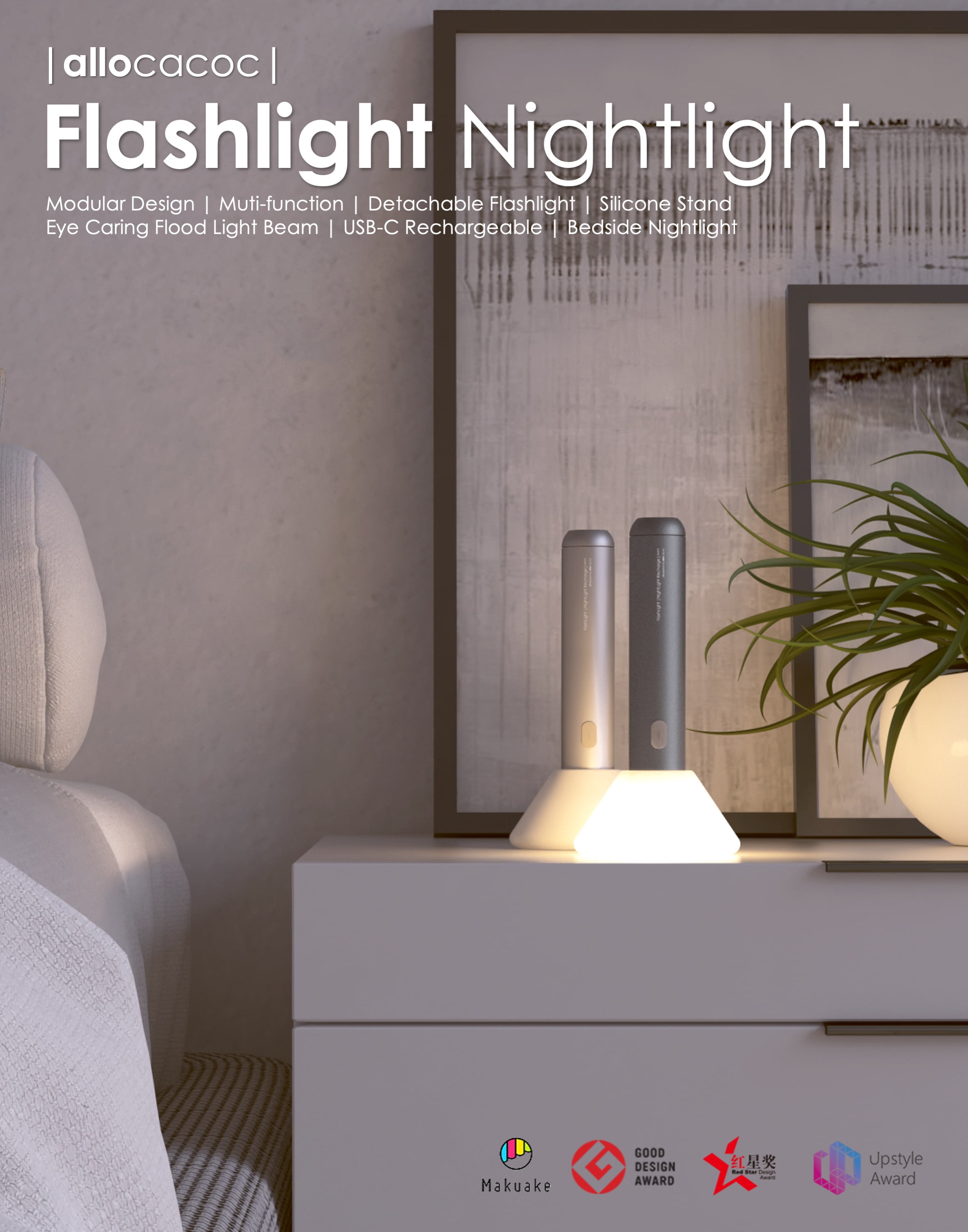 DesignNest Flashlight Nightlight LED Dimmable Night Lights, Gray