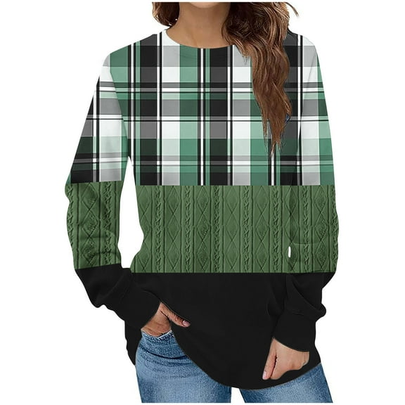 Virmaxy Women's 2024 Plaid Long Sleeve Sweatshirt Raglan Sleeve Loose Fit Blouses Tops Stylish Round Neck Pullover Sweatshirt Army Green-2 L