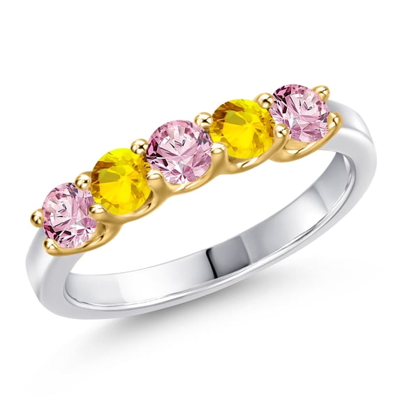 Gem Stone King 925 Silver and 10K Yellow Gold Pink Lab Grown Diamond and Yellow Sapphire Wedding-Bands Ring for Women | 0.86 Cttw | Round 3.5MM | Gemstone April Birthstone | Size 7