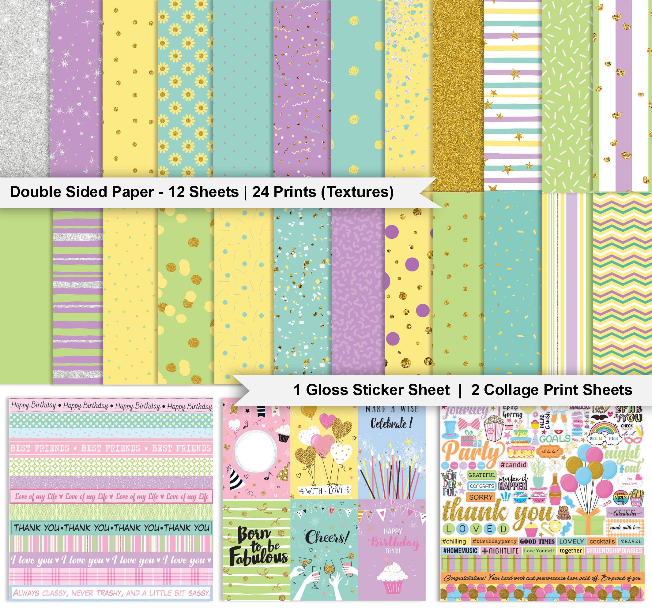 Inkdotpot Pastel Confetti Collection Double-Sided Scrapbook Paper Kit Cardstock 12"x12" Card Making Paper Pack Of With Sticker Sheet - 16 Pages - Multicolor