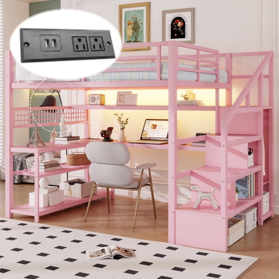 Full Size Metal Loft Bed – Staircase, Wardrobe, Desk, Storage Shelves, LED Lights & Charge Station,Pink