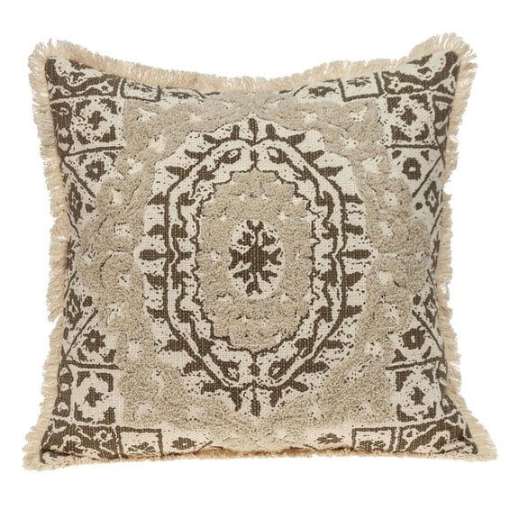 Nassau Collection Embroidered Medallion Cotton Throw Pillow - 18" - Brown and Beige